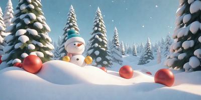 The primary subject of the image is a snowman, which is sitting in the snow. The setting is a snowy landscape with trees in the background. The visual style is digital art, and the colors and mood are predominantly white and cold, reflecting the winter season.